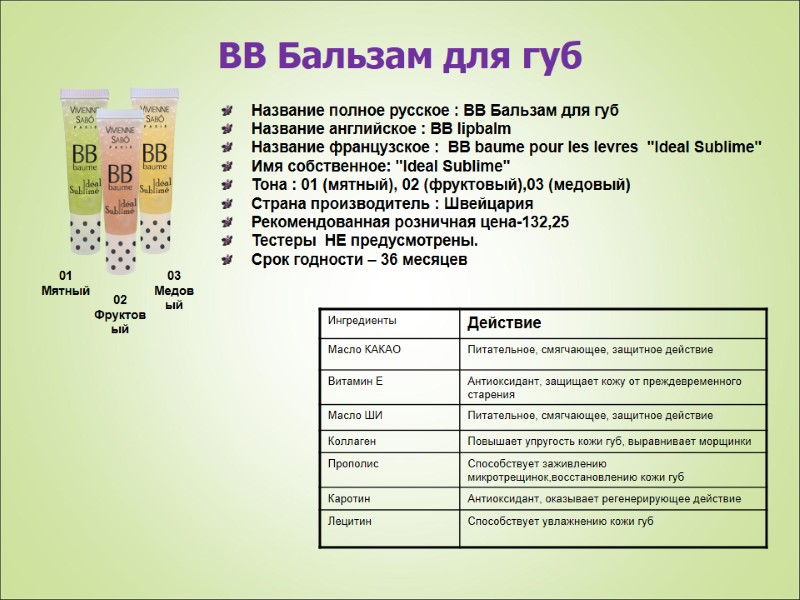 ВВ Бальзам для губ Название полное русское : ВВ Бальзам для губ Название английское